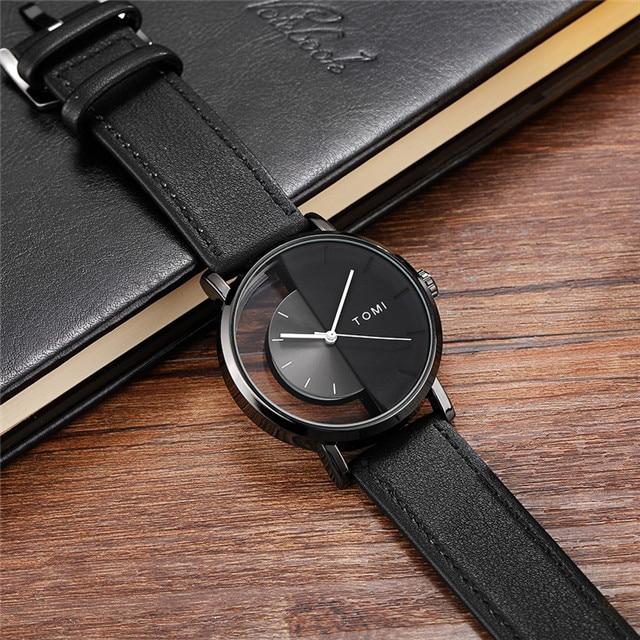 Einzigartige Uhr, kreative halbtransparente Unisex-Uhr für Männer, Frauen, Paare, Geek, stilvolle Leder-Armbanduhr, modische Quarzuhr schwarz