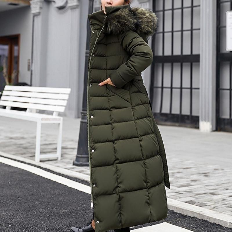 Neue Winterjacke Damen Warme Mode Bogen Gürtel Fuchs Pelz Kragen Mantel Langes Kleid Damen Dicker Mantel XL grün