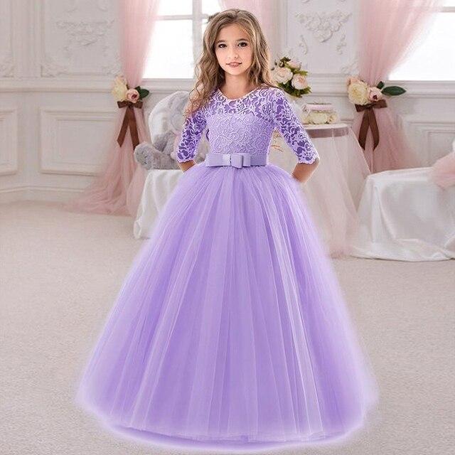 Sommer Langarm Mädchen Party Kleid Hochzeit Kleid Kinder Kleider Für Mädchen Kinder Abend Spitze Prinzessin Kleid 120cm violett