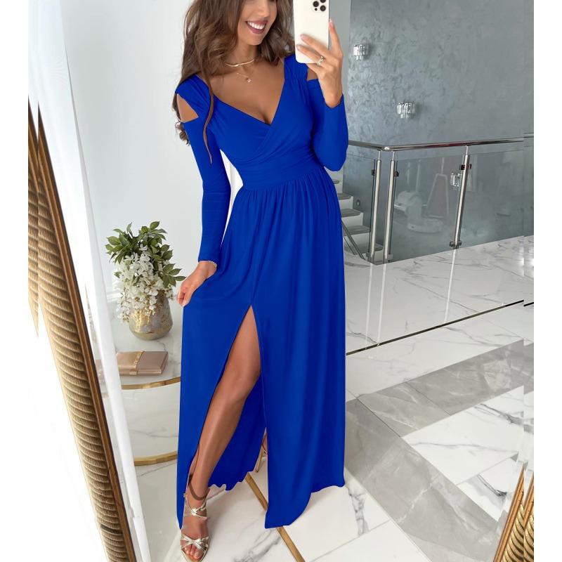 YYFS Damenmode Frühling Herbst Einfarbig Druck Langarm V-Ausschnitt Hohe Taille Freizeitkleider XXXL blau