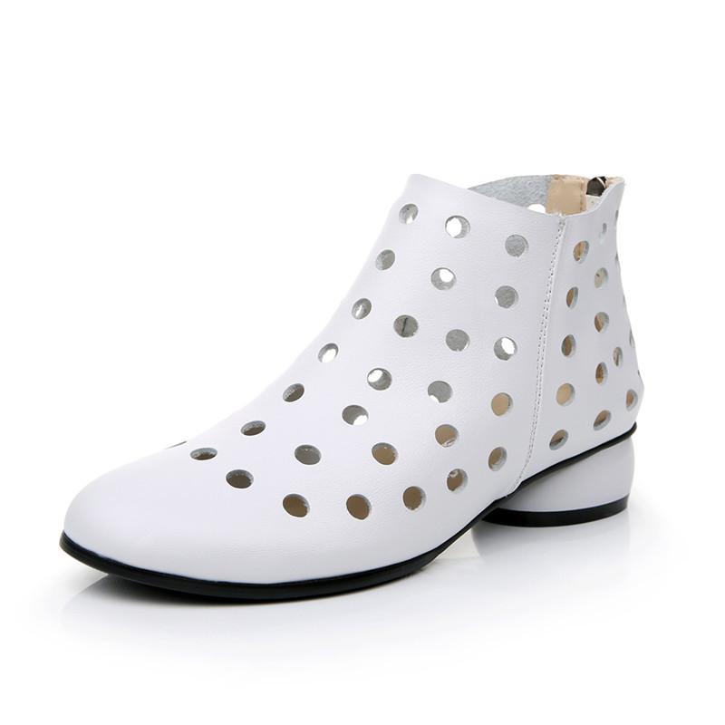 Kurzstiefel Damen Echtleder Sandalen Dicke Absätze Aushöhlungen Damenschuhe 2025 Neu Frühling Sommer Rindsleder Damenschuhe 34-43 36 weiß
