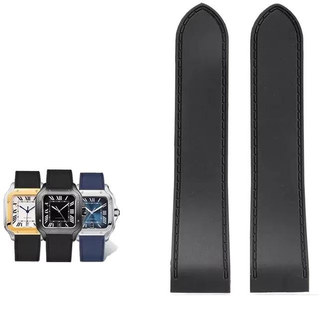 Für Cartier Santos 100 Santos Silikonkautschuk Uhrenarmband Santos 100 Metallschnalle Armband Herren Schwarz Weiches Armband 23mm 25mm 25mm black
