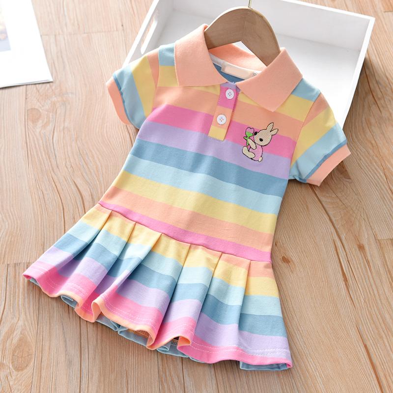 Kinder Mädchen Kleid Niedliches Häschen Dekoration Kleid Baby Mädchen Regenbogen Gestreift Kurzarm Prinzessin Kleid 100