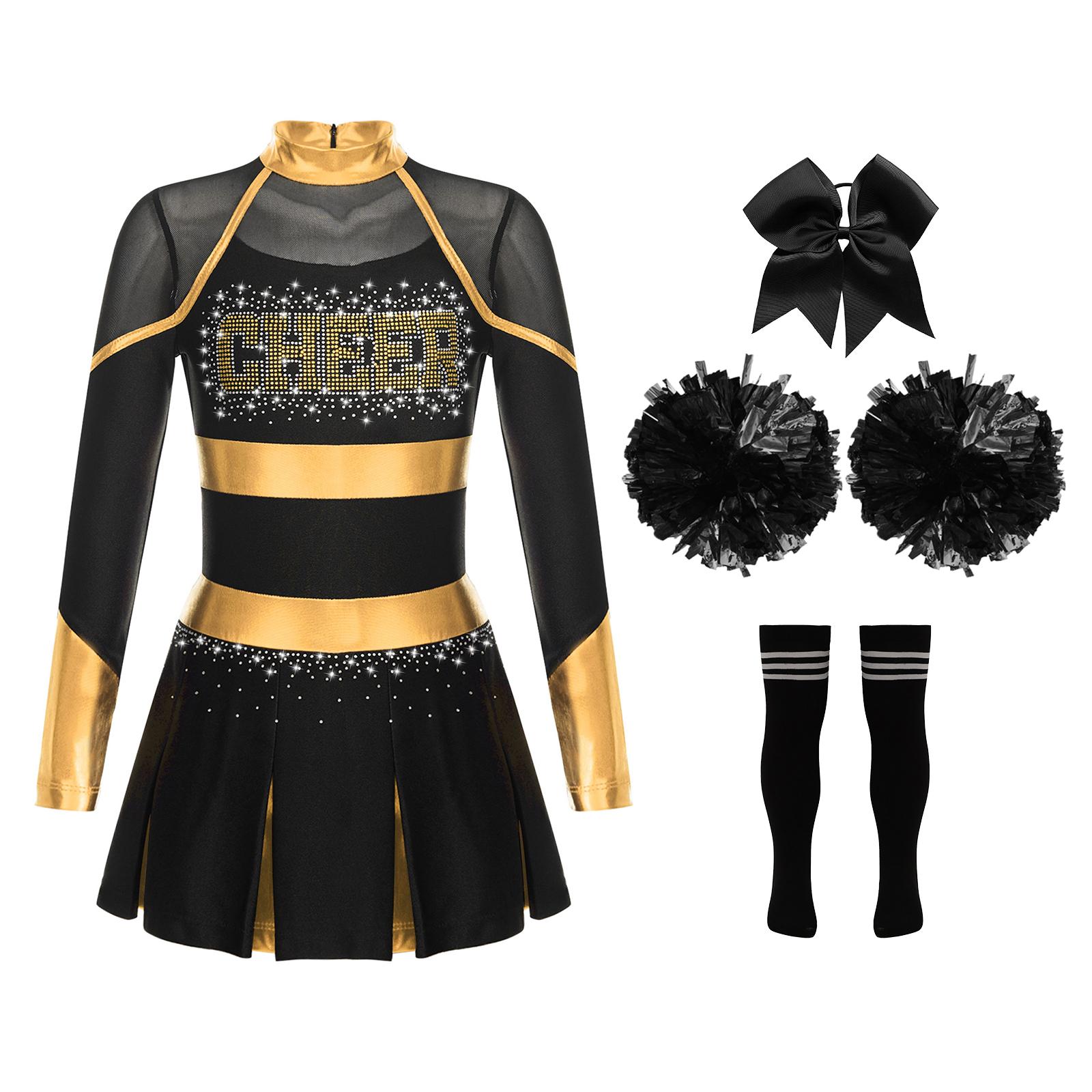 Cheerleader-Kostüm für Kinder, Halloween-Cheerleading-Uniform, Kleid mit Pompons und Socken, Karneval, Party, Kostüm-Outfit