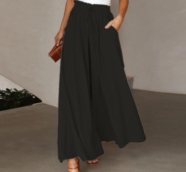 Damen Weitbeinige Hosen Sommer Culottes Elastischer Hoher Bund Fließende Palazzo-Hosen Locker Ausgestellte Hosen mit Taschen M schwarz