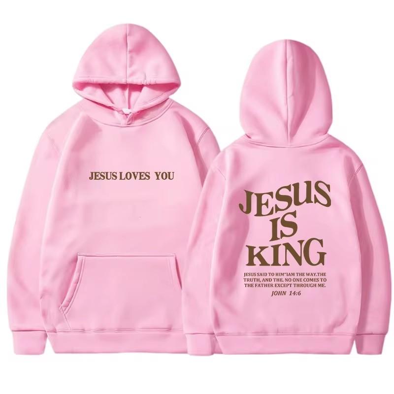JESUS IS KING Herbst- und Winter-Kapuzenpullover für Damen, langärmlige Amazon-Kapuzenpullover, beidseitig mit Buchstaben bedruckte Damenbekleidung S rosa