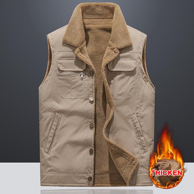 Weste Jacke Männer Drehen Unten Kragen Pelz Gefüttert Warme Herbst Winter Westen Mäntel Casual Streetwear Ärmellose Jacken XXXXXL khaki