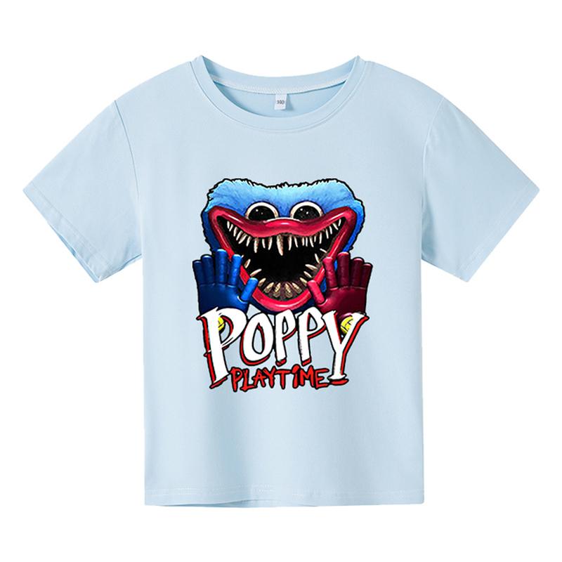 Summner Huggy Wuggy Kindermode Rundhals Kurzarm Streetwear Koreanische Cartoon Junge Mädchen Spiele Kids3-12Y 150 hellblaue
