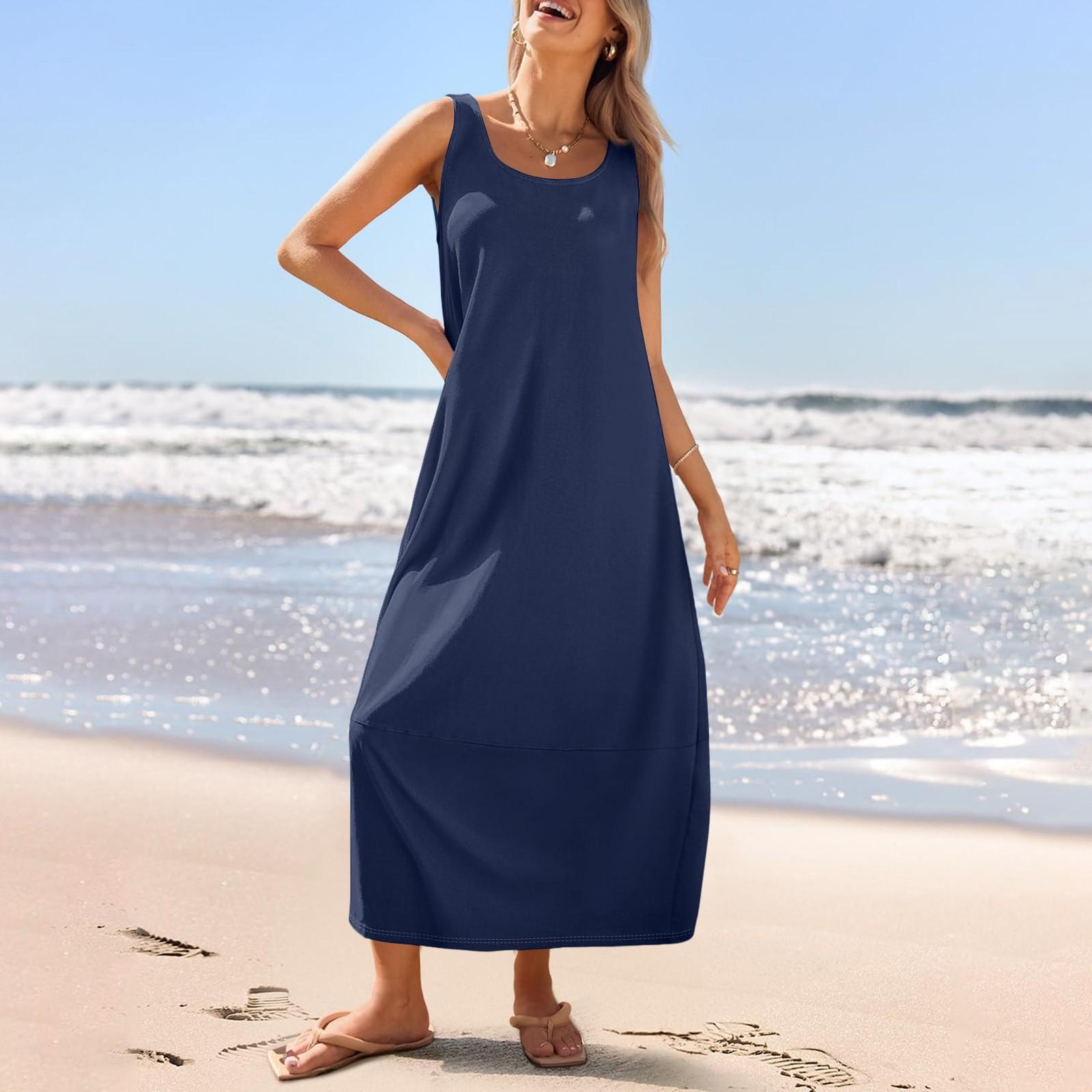 Lässiges langes Sommerkleid für Damen, Sommer-Strandkleid, Rundhalsausschnitt, ärmellos, lockeres Sommerkleid M dunkelblau
