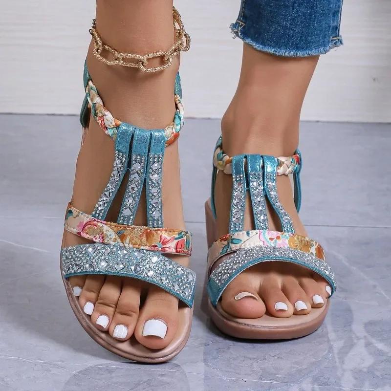 Schuhe für Damen Übergröße Damen Sandalen Sommer Freizeitsandalen Damen Kristall Gemischte Farben Elastisches Band Keilschuhe Damen 43 himmelblaue