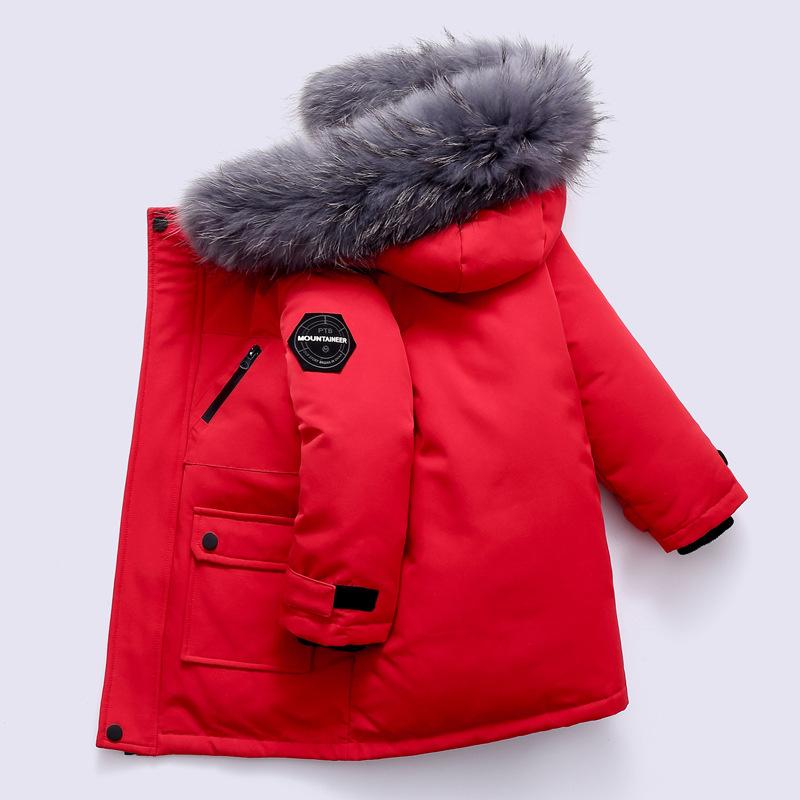 Winter Jungen Weiße Daunenjacke Mantel Baby Pelzkragen Mit Kapuze Baumwolle Verdicken Warme Einfarbige Jacke Für Kinder Oberbekleidung Kinderkleidung 120cm rot
