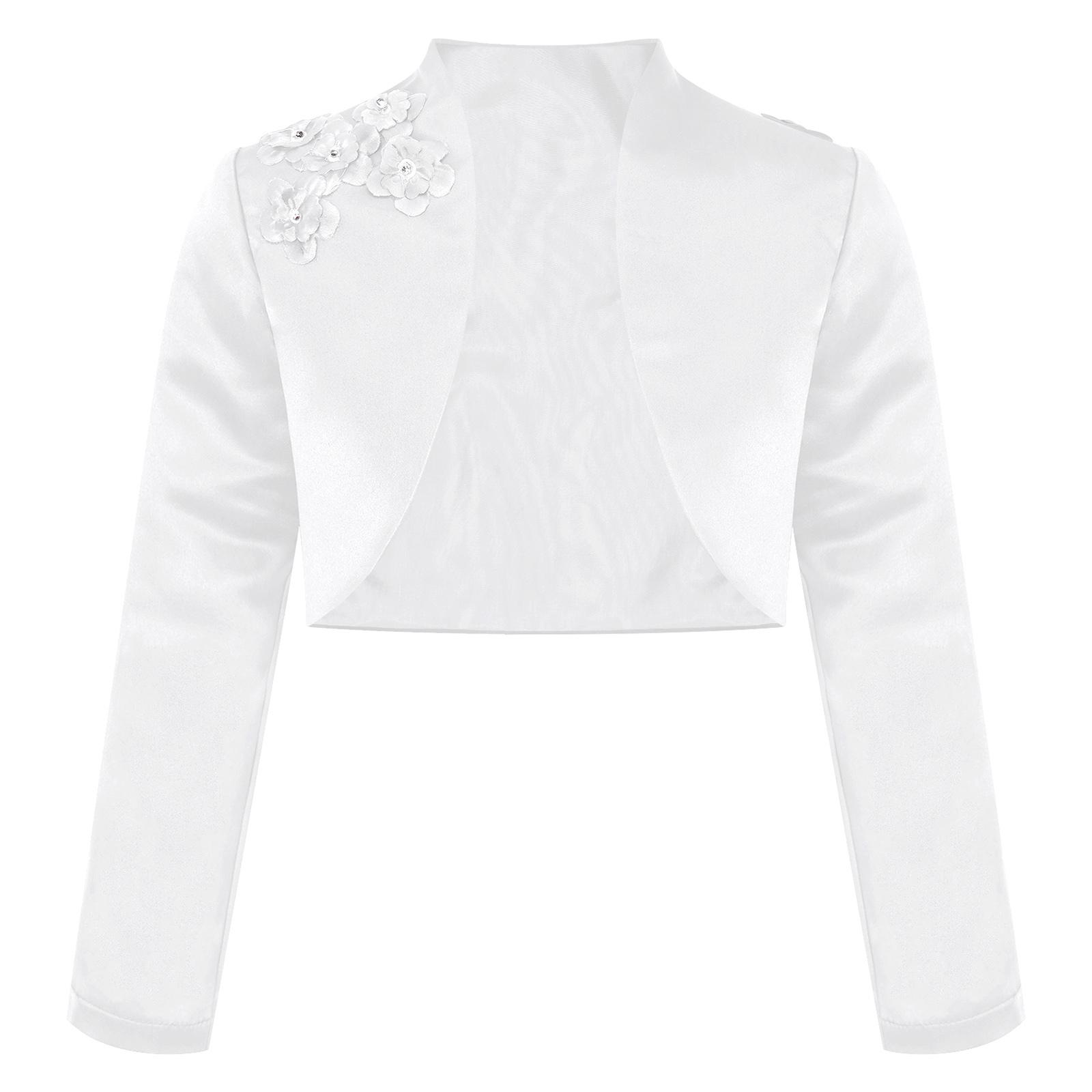 Mädchen Satin Strickjacken Bolero Festliche Kinder Schulterjacke für Hochzeitskleid 15-16 Years weiß