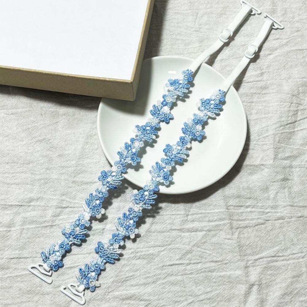 1 Paar Neue Spitzenblumen-Blumen-BH-Träger Verstellbare Anti-Rutsch-Schulterträger mit Spitzensaum Elastische Blumen-Schultergurte Damen One Size hellblaue