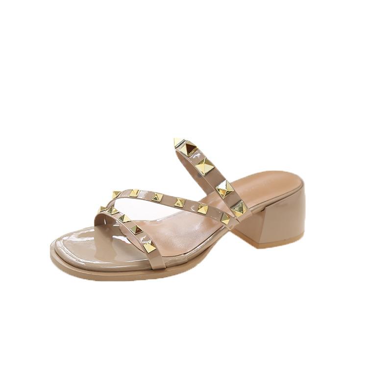 Neue Damen Niet-Slipper Sommer High Heels High Heels Mode Party Bankett Weibliche High Heels Sexy Sandalen 36 beige