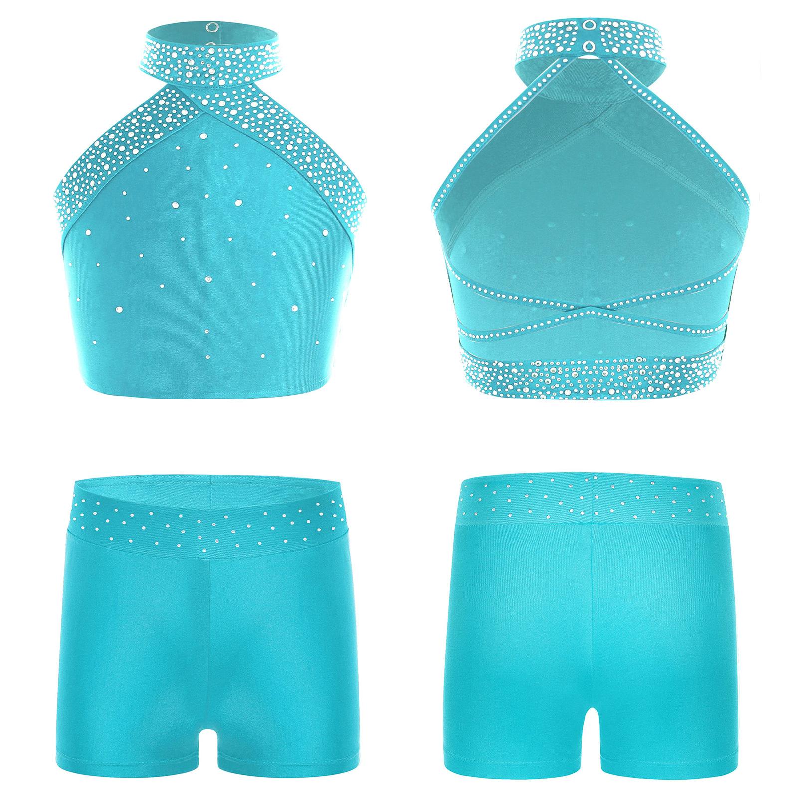 Mädchen Eiskunstlauf-Tanz-Outfits 2-teilig Gymnastik-Ballett-Tanz-Set Neckholder-Bauchweste mit Booty-Shorts Sportkleidung 7-8 Years kobaltblau