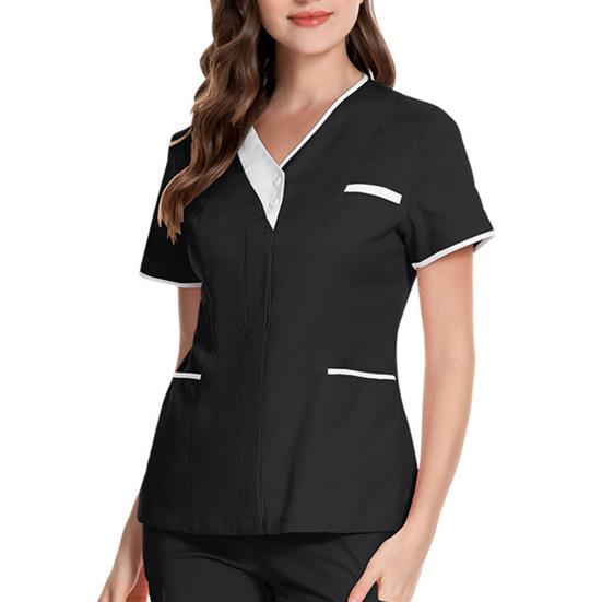 V-Ausschnitt Kurzarm Krankenhaus Krankenschwester Tops Patchwork Farbe Taschen Knöpfe Ausschnitt Tops Dental Chirurgie Tops Arbeitskleidung XL schwarz