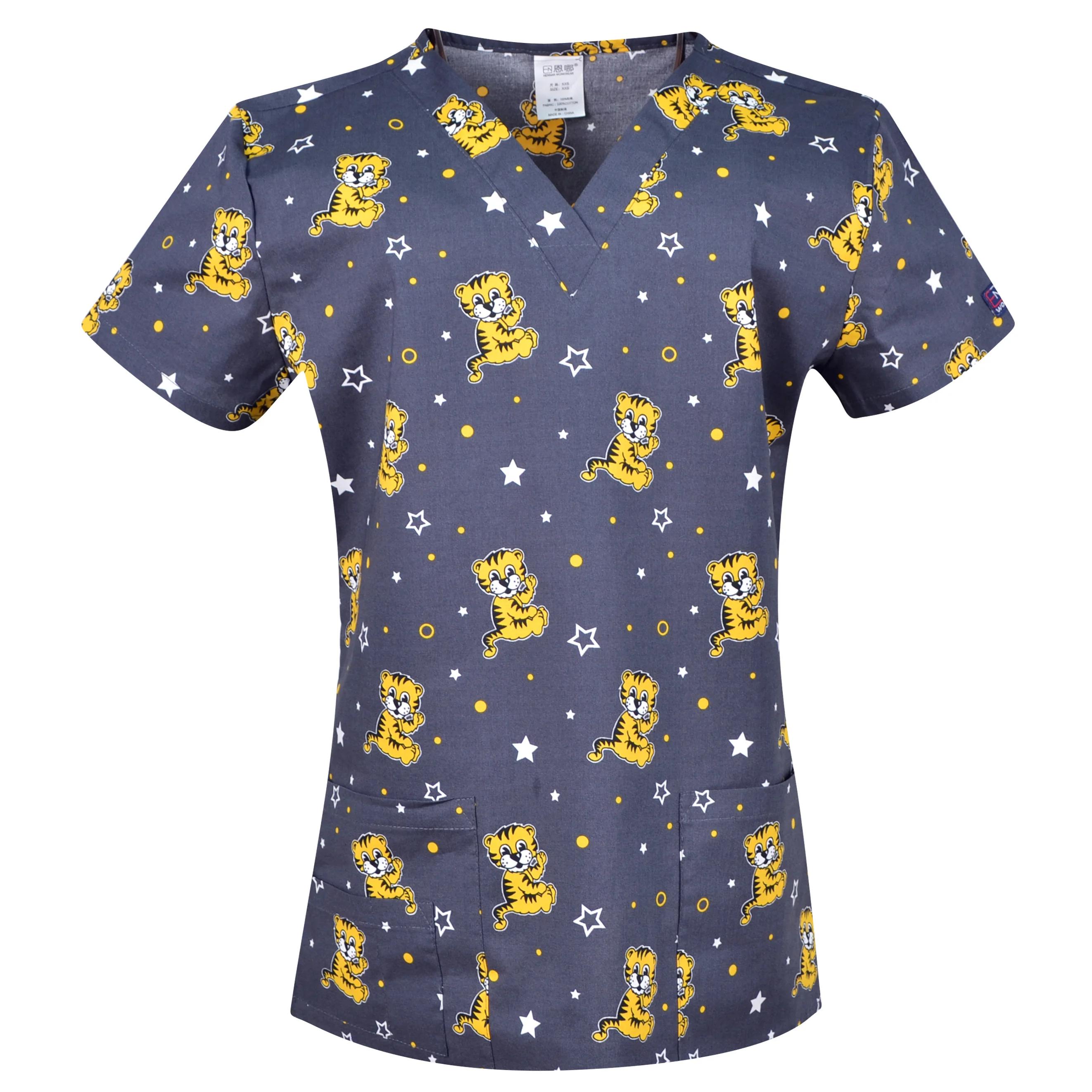 Hennar Damen Kasack 100% Baumwolle mit Print Uniformen V-Ausschnitt Kurzarm XXS-3XL Krankenhaus Klinischer Kasack Kasack Top XXL