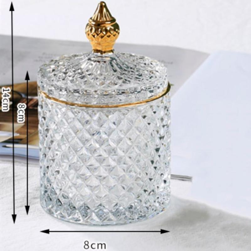 Europäisches Retro-Glas mit Deckel, transparent, goldfarben, Schmuck, Wattestäbchen, Aufbewahrungsbox, Tee, Süßigkeiten, Tank, Zuckerdose, Make-up-Pinselhalter