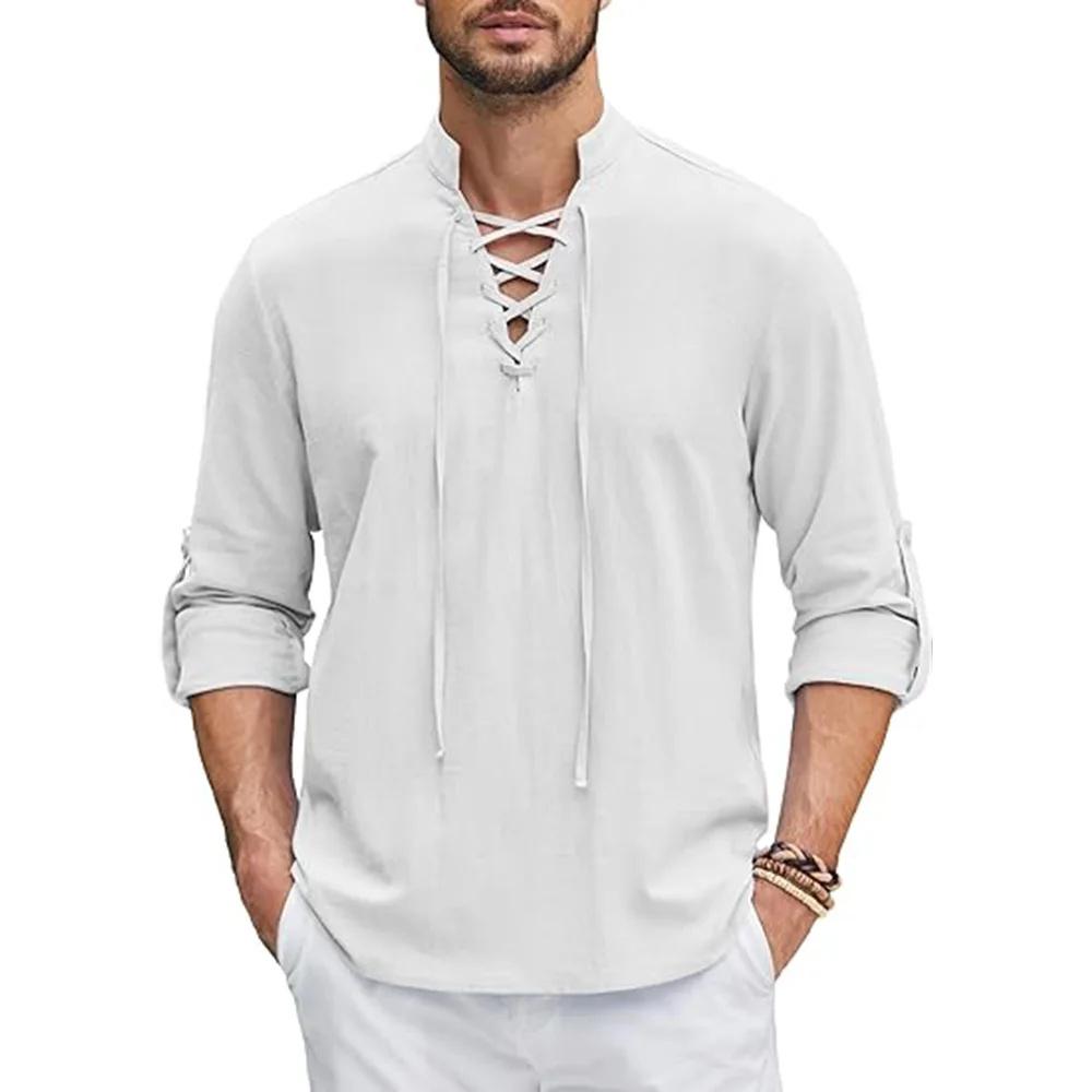 Herren Renaissance Hemd Pirat Mittelalter Wikinger Oberteil Baumwollleinen Hemden Männer Langarm Halloween Kostüm XL weiß
