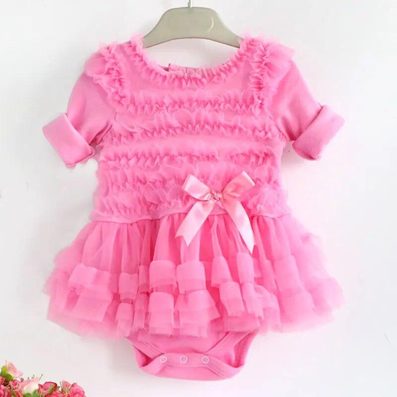 Langarm Baby Mädchen Kleid Rüschen Ballkleid Spitzenkleider Stirnband Prinzessin Kinder Mädchen Kleidung 3M rosa