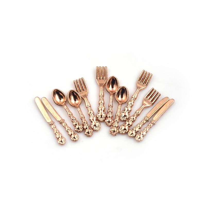 12 Stücke 1:12 Mini Besteck Messer Gabel Löffel Küche Set Puppenhaus Miniatur Barbie Zubehör Kind Spielzeug bronze