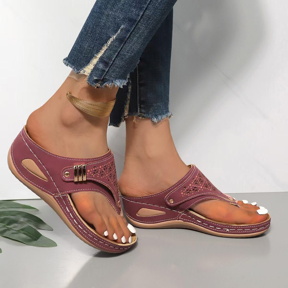 Damen Klobige Keilabsatz Zehentrenner Ausgeschnitten Dicke Sohle Zehenclip Sandalen Damen Sommer Rutschfeste Plateau Badeschuhe 36 rot