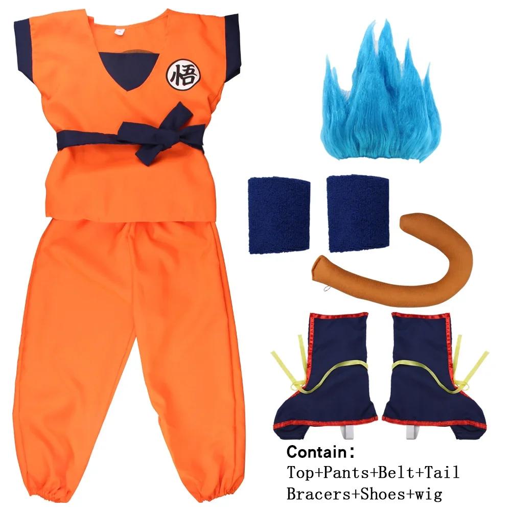 Kinder Anime Son Goku Cosplay Kostüme Krillin Trainingskleidung Superhelden Outfits mit Super Saiyajin Perücke Comic Con Party Kostüm 140cm blau