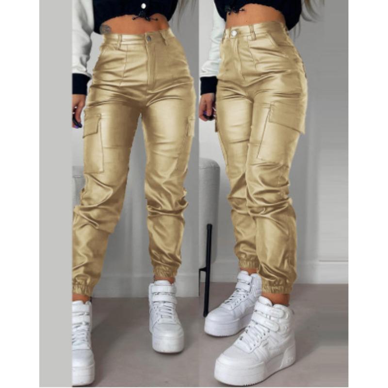 Herbst und Sommer Damen Hose Biker Reißverschluss Faltentaschen Mode PU Casual Patch Taschen Enge Hose mit kleinem Bein XL gelb