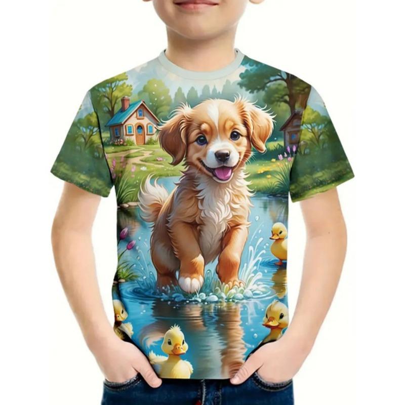 2024 Retro Hund 3d Druck Casual Kinder Kleidung Top T Shirt Mode T Shirt Tier Kinder Jungen Kleidung Kurze hülse 150CM