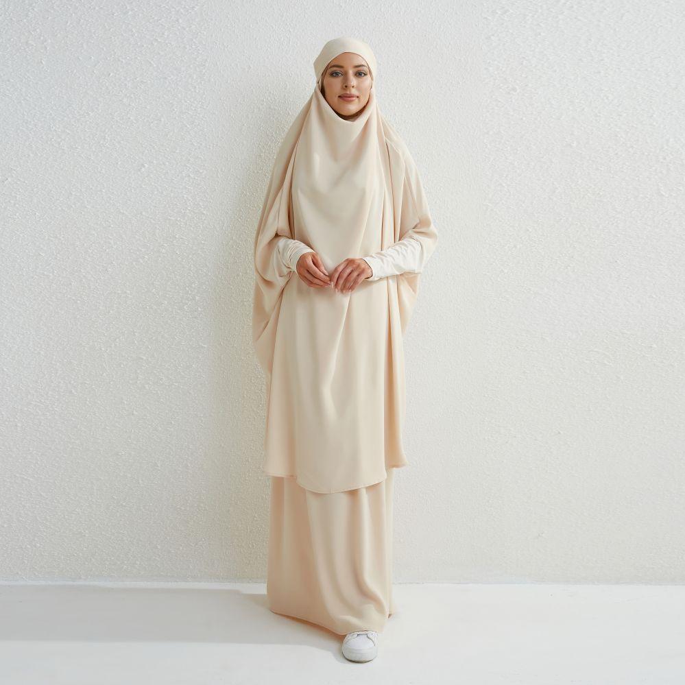 Muslimische Sets Zweiteilige Gebetskleidung Lange Kapuzen-Rauchhülsenhemden Hijab Lose Maxiröcke Elastische Taille Damen-Abaya-Sets One Size apricot