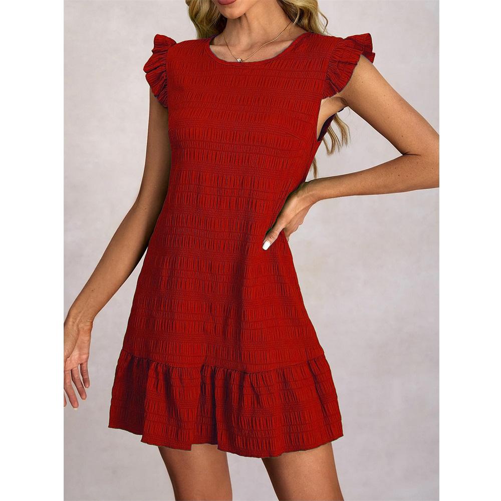 Damen Sommerkleider Damen Lässig Einfarbig Gerüscht Ärmellos Mini Kleid Gerade Vestidos Weiblich Vintage Kurze Kleider S rot