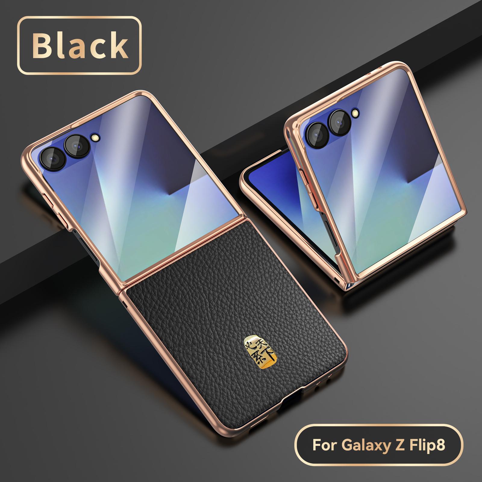 Echte Rindslederhülle für Samsung Galaxy Z Flip 8 7 6 5 W24 W25 Flip Magnetische Kabellose Ladeschale+Schutzfolie W24Flip black