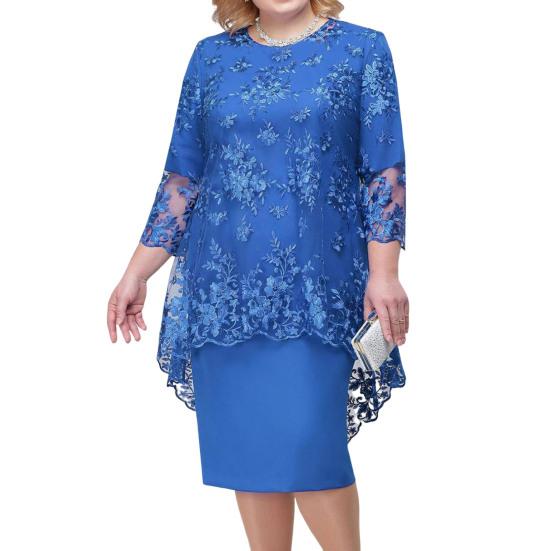 1 Set Elegent Beauty Damenkleid Plus Size Midi-Abdeckungskleid Stickerei Spitze Blume O-Ausschnitt Hohe Taille 44624 Ärmeldame S blau