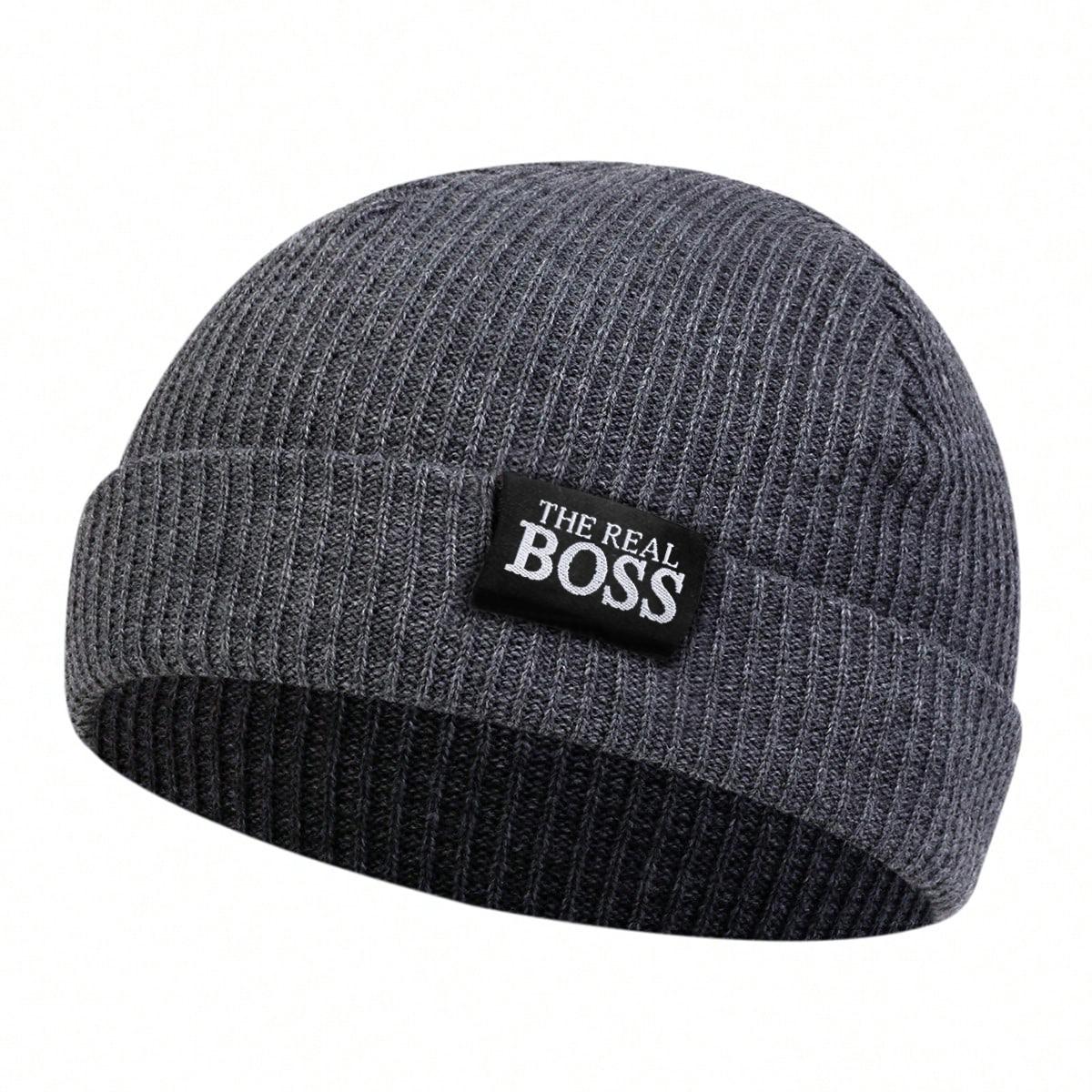 Unisex The Real Boss Etikett Dekoration Hip Hop Melonenmütze Winter Radfahren Warme Mützen Strickmützen Frühling Herbst Outdoor Sport Reise für Damen Herren grau
