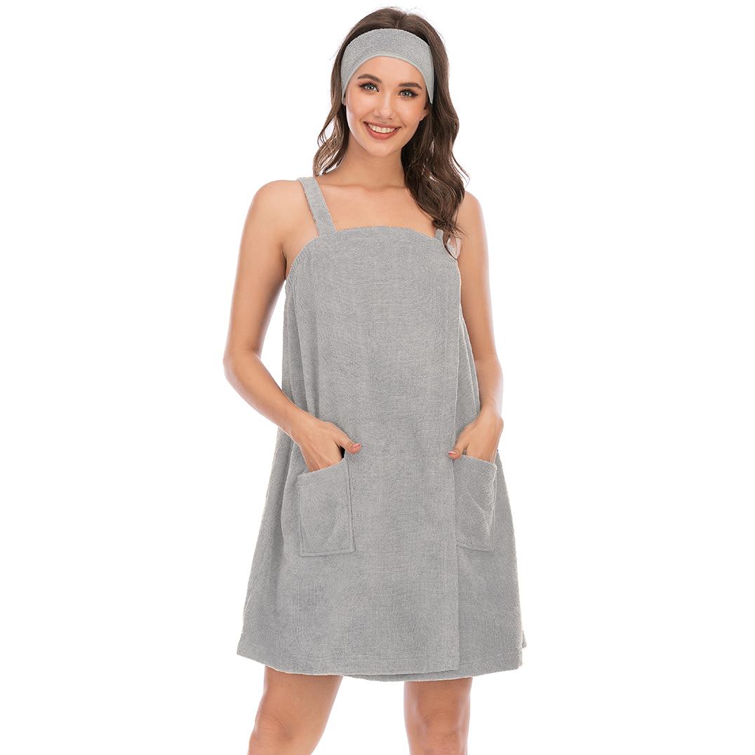 Bright Deer Damen-Bademantel aus Frottee, Spa, Badetuch, Bademantel mit Trägern, schnell trocknend, Frottee-Klettverschluss, elastischer Duschbademantel mit Stirnband, weich, für Fitnessstudio, Pool, Abdeckung S grau
