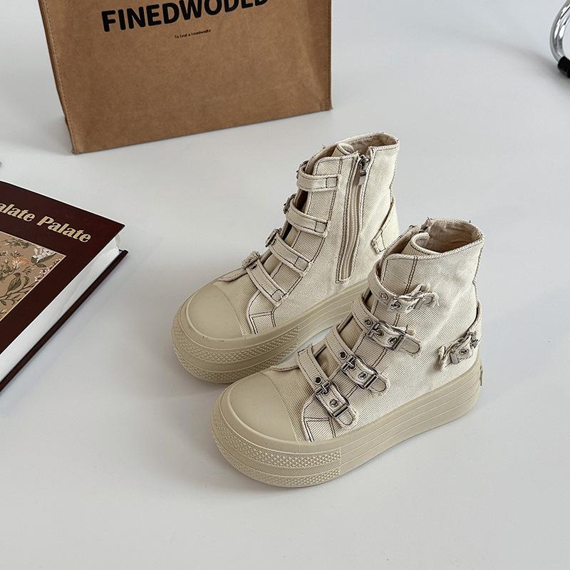 Mode Koreanische Version Plateau Martin Stiefel Ein-Wort-Schnalle Canvas Schuhe Damen Sommer Retro Einfache Lässige Schuhe Board Schuhe Einzelne Schuhe 39 beige
