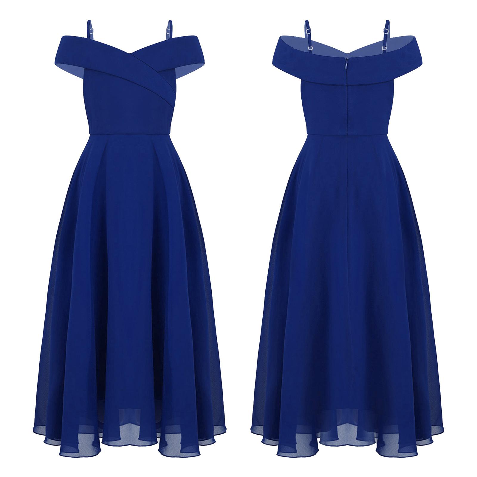 Kinder Mädchen Elegantes Chiffon Schulterfreies Brautjungfernkleid Hochzeitskleid Geburtstagsfeier A Linie Abendkleid 13-14 Years blau
