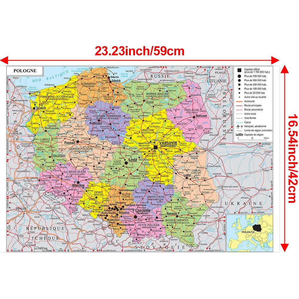 Französische Serie Karte - Polen Administrative Karte, Wanddeko, Geschenk, Reise-/Bildungswerkzeug, für Wohnzimmer, Badezimmer, Homeoffice 59*42cm