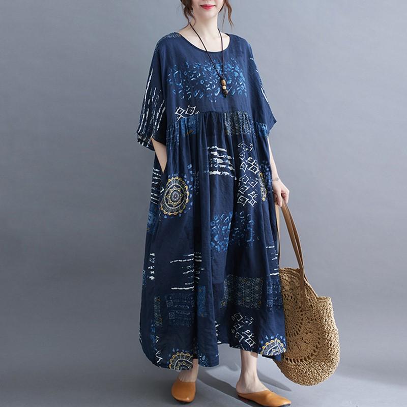 Kurzarm plus Größe Baumwolle Vintage Frauen lässig lose lange Sommerkleider blau