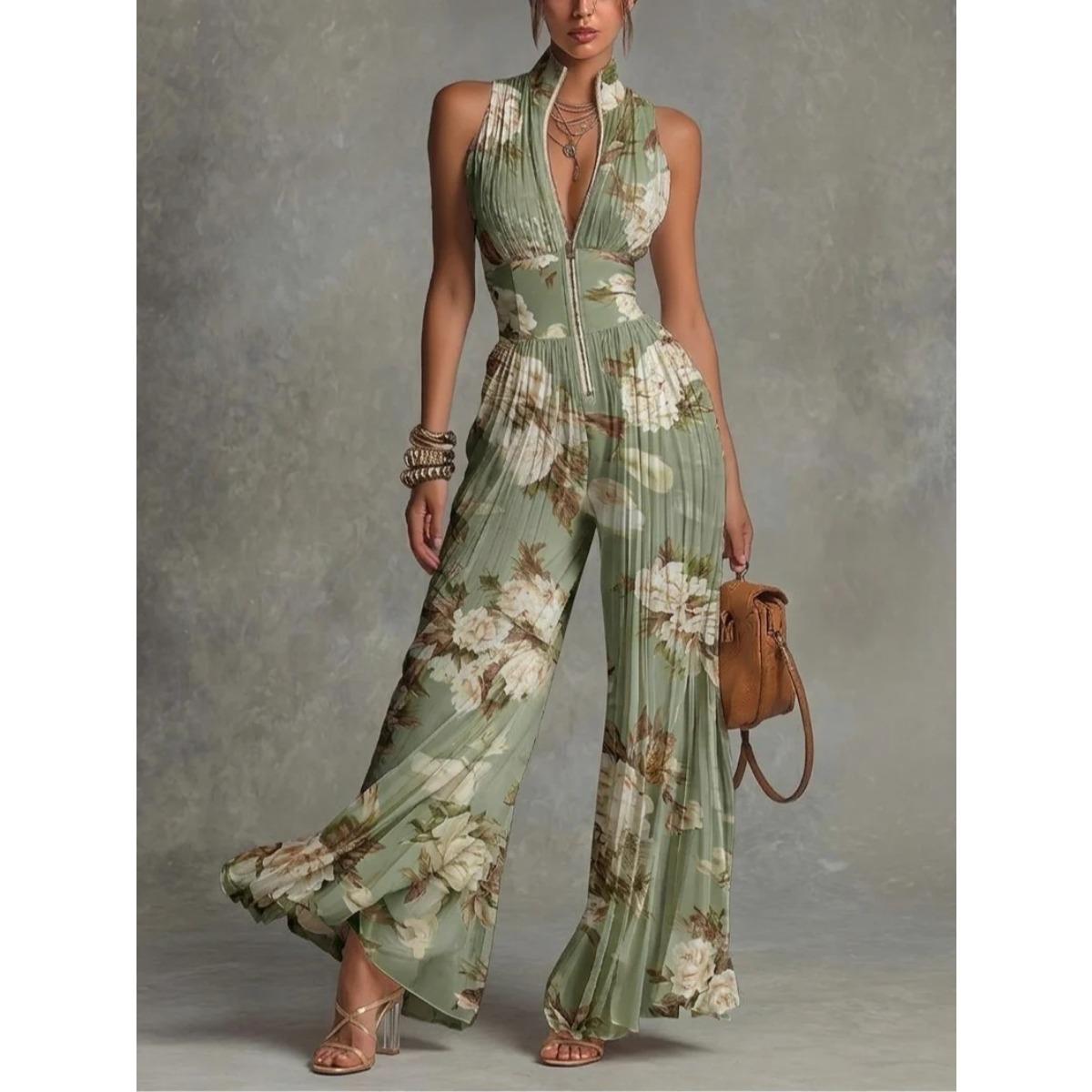 Damen ärmelloser High-Neck-Jumpsuit mit Falten und weitem Bein, hohe Taille, elegant, einfarbig, Party-Jumpsuit XL grün