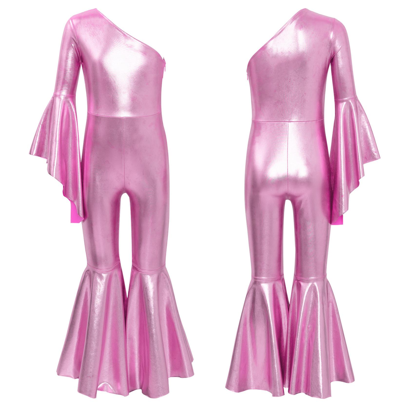 Kinder Mädchen Metallic Shiny Bell-Bottom Dance Overall Mode Eine Schulter Flare Hülse Body Karneval Motto Party 5-6 Years rosa