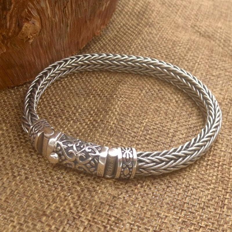 S925 Silber Reines handgewebtes 8mm Armband für Männer Thai Silber Vintage Altes 925 Sterling Silber Männer Armband 22cm