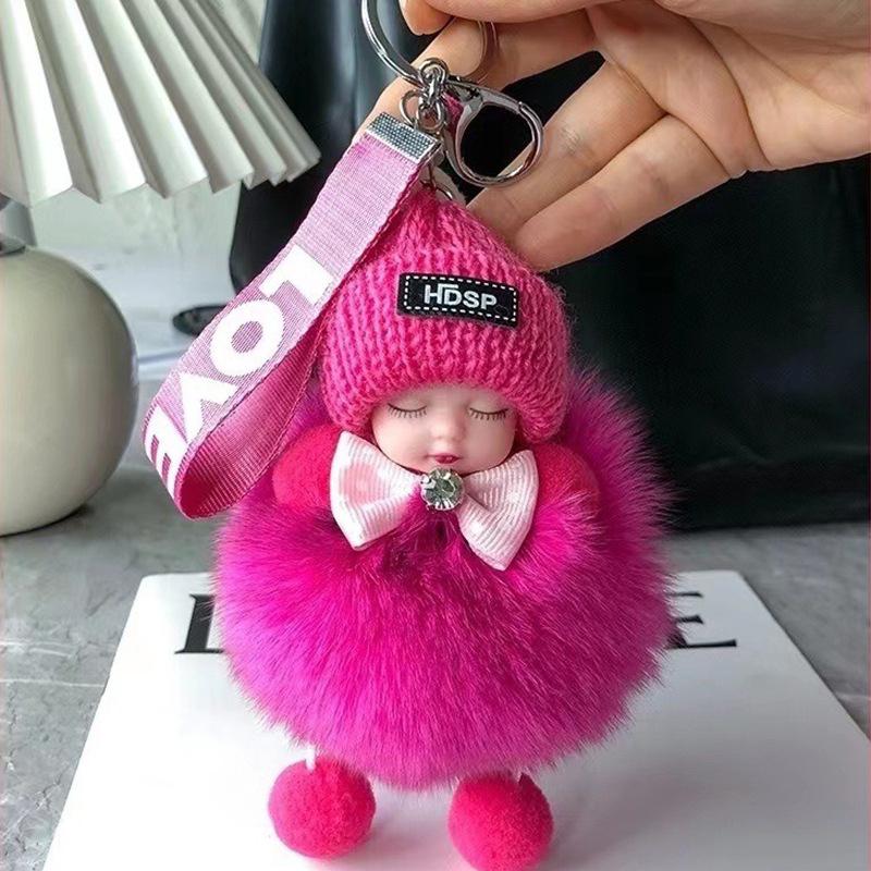 **Th Damen Mädchen Taschen Schlüsselanhänger Autos Schlüsselanhänger Geschenk Charmante Dekoration Schlafendes Baby Schlüsselanhänger Niedliche Flauschige Plüschtier Schlüsselanhänger** pink