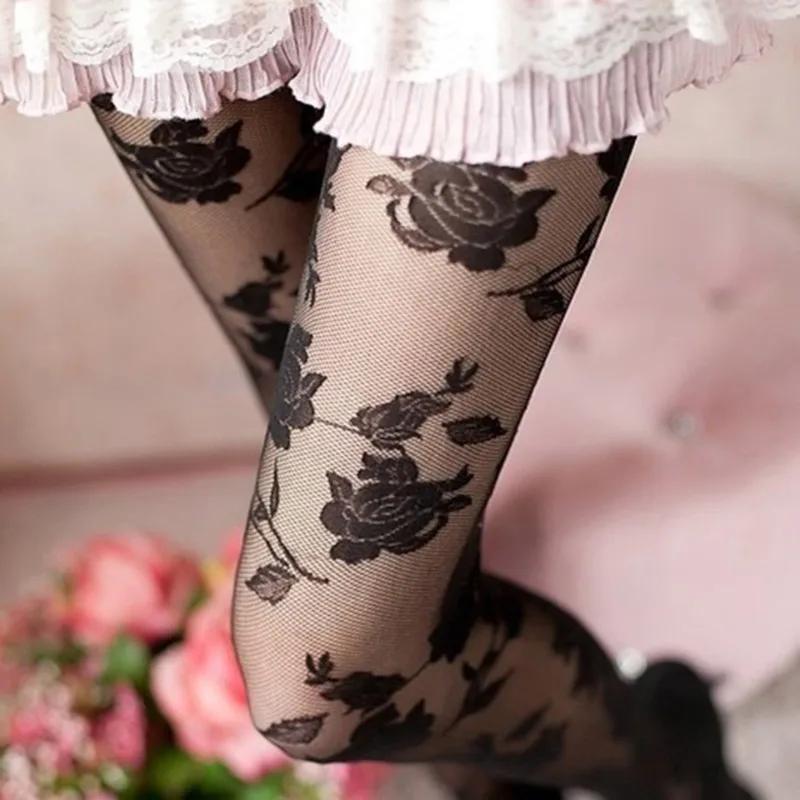 Sexy Rose Strumpfhosen Frauen Collant Femme Dünne Transparente Strumpfhosen Aushöhlen Tattoo Strumpfhosen Collant Femme Medias Fantaisie Strumpfwaren One Size gray