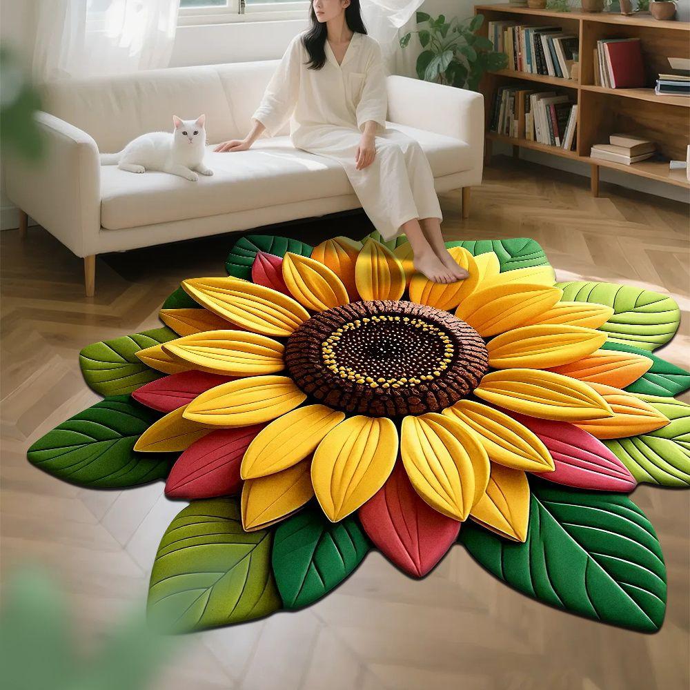 Wohnzimmer 3D Bodenmatte Blumenteppich Rund Home Pfingstrose Blütenblatt geformt Wohnzimmer Nachttischmatte 80*80cm