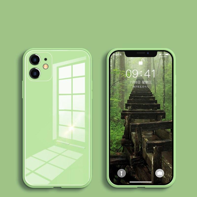 Handyhülle aus gehärtetem Glas für iPhone 13 11 Pro Max SE 2 X XR XS Max 8 7 Plus 12 Pro Anti-Klopf-Silikonhülle For iPhone 13 Pro max hellgrüne