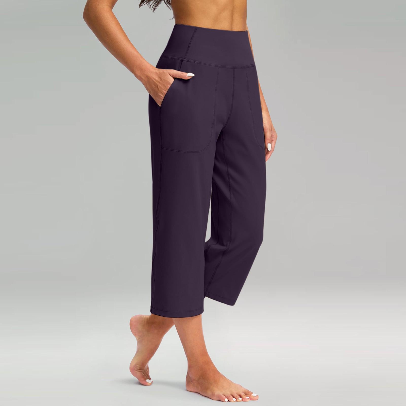 Damen Elastische 3/4-Hose mit hoher Taille, lässige Active Fit-Caprihose mit weitem Bein und Taschen S violett