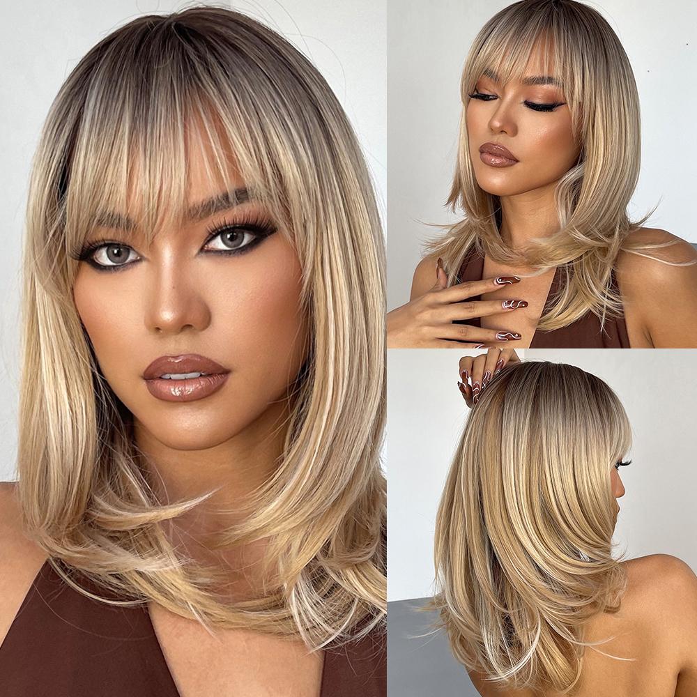 ALANEATON Ombre Braun Blonde Perücken mit Pony Lange gerade synthetische Perücke für Frauen Hitzebeständige Faserperücken