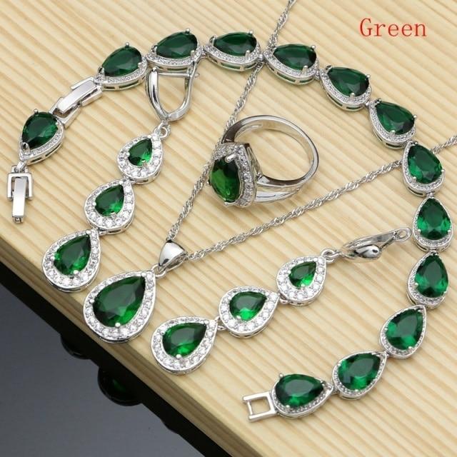 925 Sterling Silber Schmuck Weiß Cz Blau Zirkon Schmuck Sets Für Frauen Ohrringe/Anhänger/Halskette/Ringe/Armband 6.5 grün