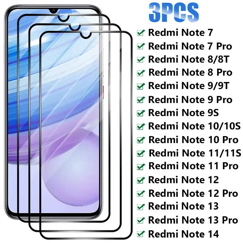 3 Stück Vollständiges gehärtetes Glas für Xiaomi Redmi Note 7 8 9 10 Pro 8T 9T 9S 10S 11s Displayschutzfolie für Redmi Note 11 12 13 Pro 14 5G Redmi Note 12 S reinfarbig